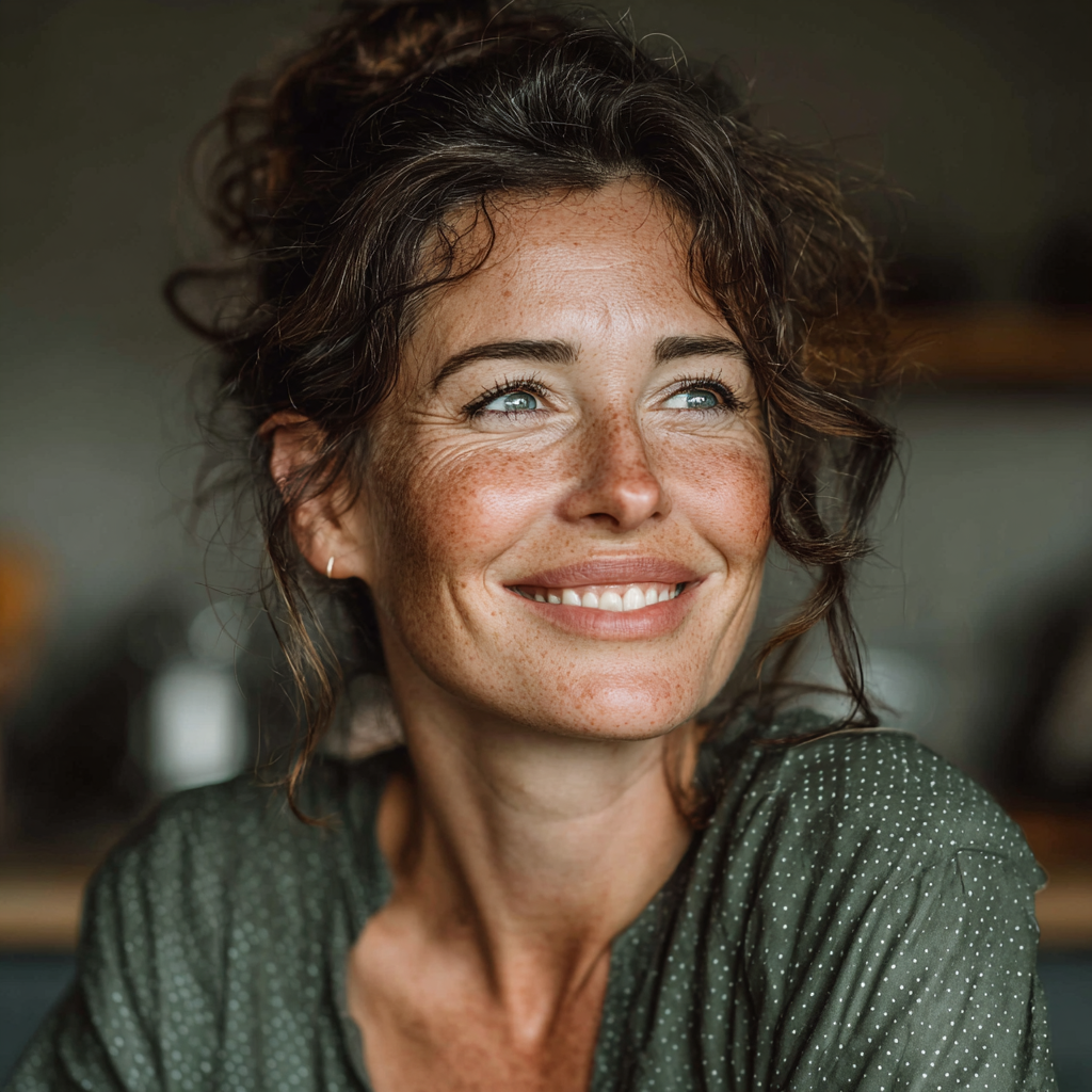 Happy middle-aged woman around 45 years old smiling warmly, wearing casual green blouse, representing satisfied Nutrevo client who achieved health goals