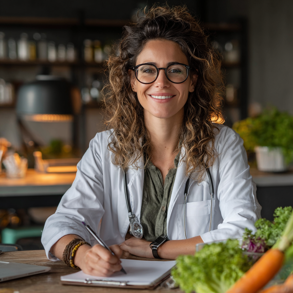 Professional nutritionist woman in her 40s wearing white coat, smiling confidently while reviewing healthy meal plans in modern clinic office